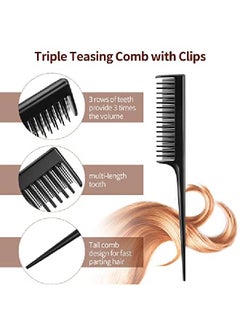 Patelai 3 Pieces Hair Teasing Comb Set Includes 2 Nylon Triple Teasing Comb Rat Tail Combs And Boar Bristle Teaser Brushes For Women Stylist Men Backcombing Slicking Curly Thick Wet Hair (Black)  - Image 4