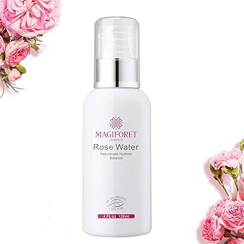 MagiForet Rose Water Spray 4 oz MagiForet Rose Water Toner Spray 100 Organic Distilled Rose Hydrosol Therapeutic Grade Rose Water for Face Hair Acne Rosewater Facial Spray Alcohol Free with Face Mask - Image 1