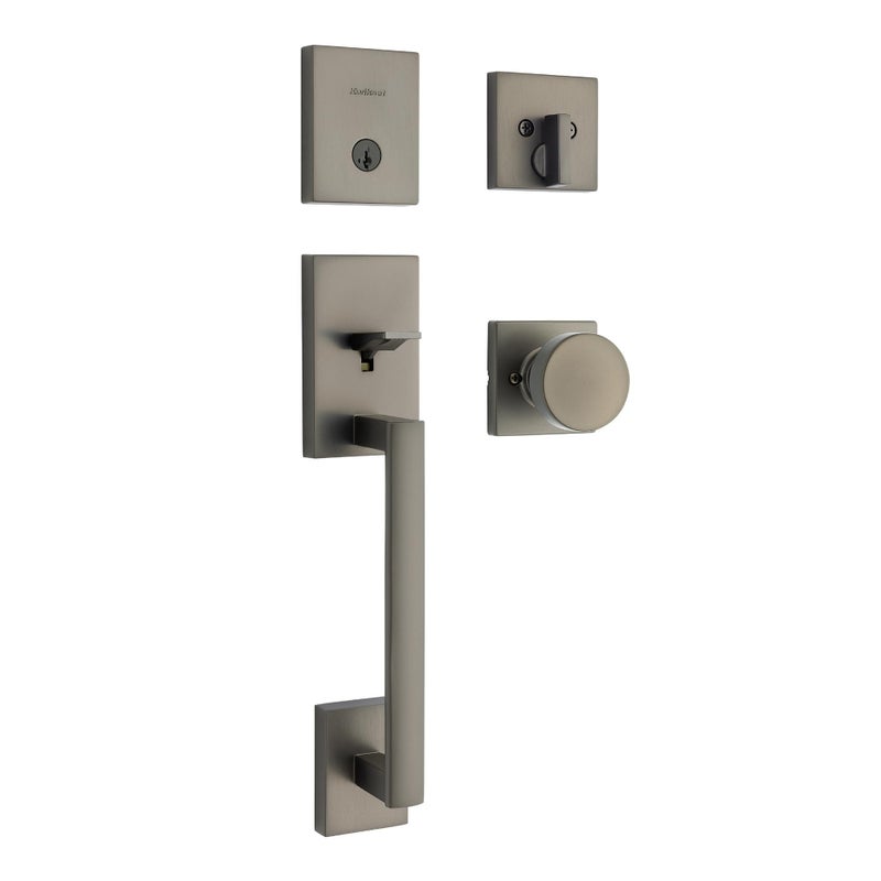 Kwikset San Clemente Front Door Lock Handle and Deadbolt Set, Entry Handleset Exterior with Interior Door Knob, Gunmetal, Pick Resistant SmartKey Rekey Deadbolt Security - Image 1