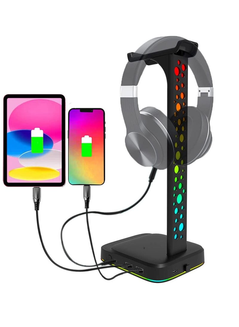 Zikra RGB Headphone Stand with 9 Light Modes, Upgraded 5 in 1 Headphone Holder with Type-c Input/3.5mm AUX/USB Output Ports, Gaming Headset Stand with Non-Slip for Earphones Accessories Gamer Gifts - Image 1