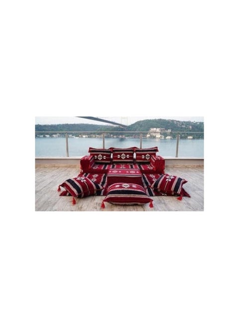 Sahara Sinawi Floor Seating Set – 2m x 60cm x 13cm, 6 Cushions, Square Pouf – Luxurious Traditional Floor Seating for Relaxation & Entertaining – Authentic Egyptian Style