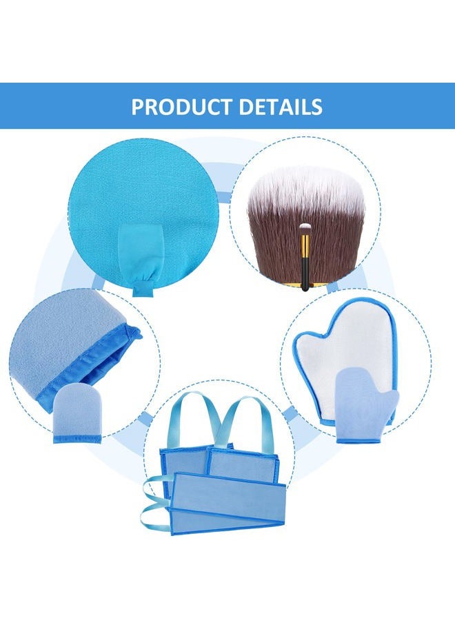 BOAO 5 Pieces Self Tanning Mitt Applicator Kit, Includes Tanning Mitt, Exfoliating Glove, Mini Face Glove, Back Lotion Applicator, and Large Brush Makeup(Blue)  - Image 4
