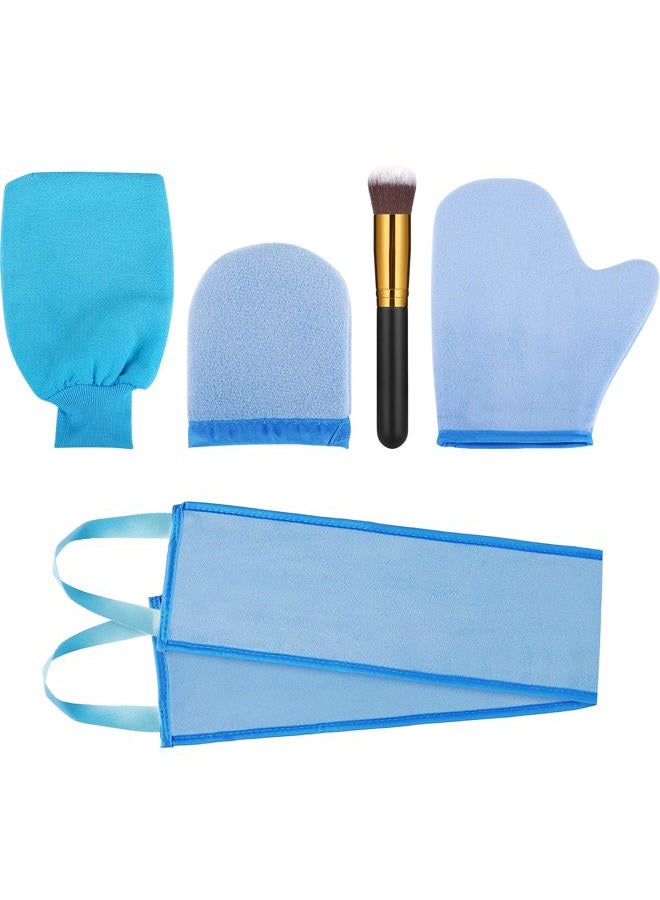BOAO 5 Pieces Self Tanning Mitt Applicator Kit, Includes Tanning Mitt, Exfoliating Glove, Mini Face Glove, Back Lotion Applicator, and Large Brush Makeup(Blue)  - Image 1