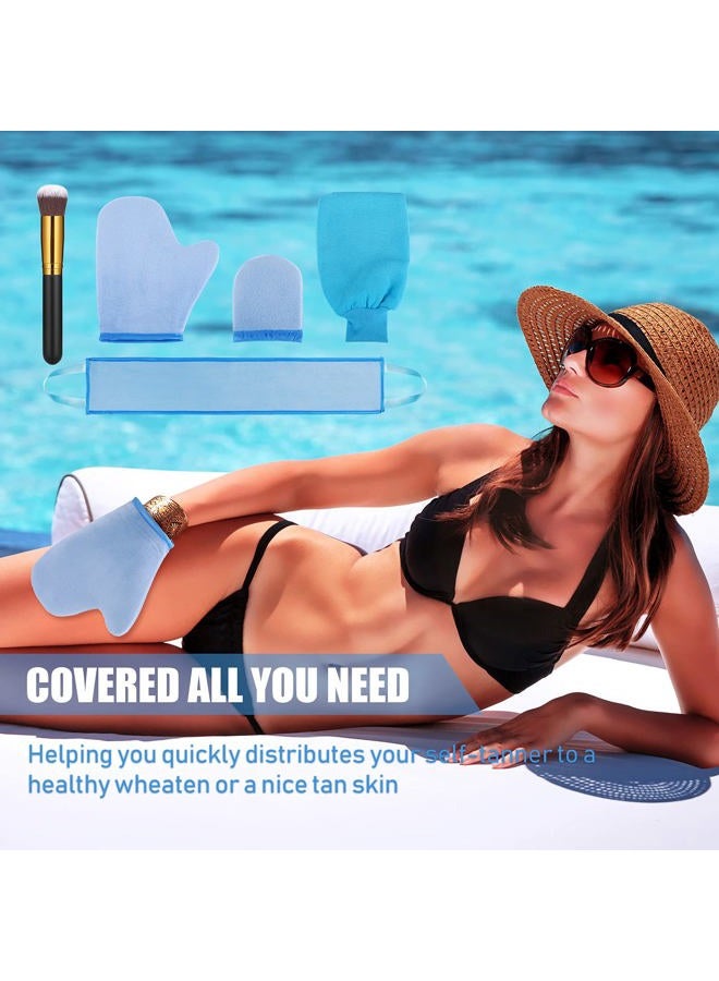 BOAO 5 Pieces Self Tanning Mitt Applicator Kit, Includes Tanning Mitt, Exfoliating Glove, Mini Face Glove, Back Lotion Applicator, and Large Brush Makeup(Blue)  - Image 5