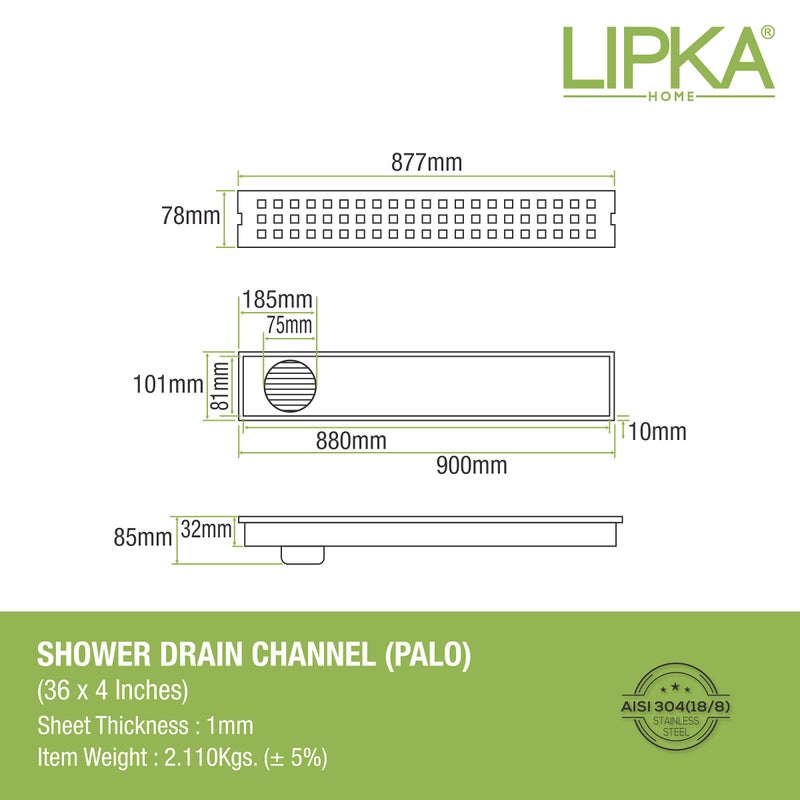 LIPKA Palo Shower Drain Channel | 36 × 4 Inches |304 Stainless Steel Shower Water Drain Channel for Bathroom & Showers Areas | Floor Drain Channel with Anti Foul Cockroach Trap, Side Hole with Collar - Image 2
