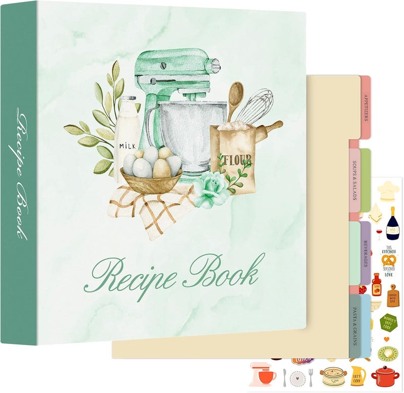 Lanpn Recipe Binder 8.5x11 3 Ring Kit, Waterproof Recipe Book Blank Organizer Recipe Binder to Write in Your Own Recipes with 60 Plastic Sleeves,116 Recipes, Dividers,Labels & Stickers, Green - Image 1
