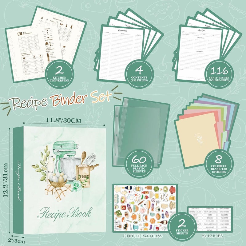 Lanpn Recipe Binder 8.5x11 3 Ring Kit, Waterproof Recipe Book Blank Organizer Recipe Binder to Write in Your Own Recipes with 60 Plastic Sleeves,116 Recipes, Dividers,Labels & Stickers, Green - Image 3