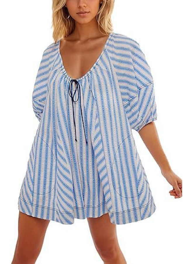 Women's European And American Export Summer Short-sleeved Stripesd Jumpsuit Slimming Look Casual Loose Deep V Wide-leg Jumpsuit