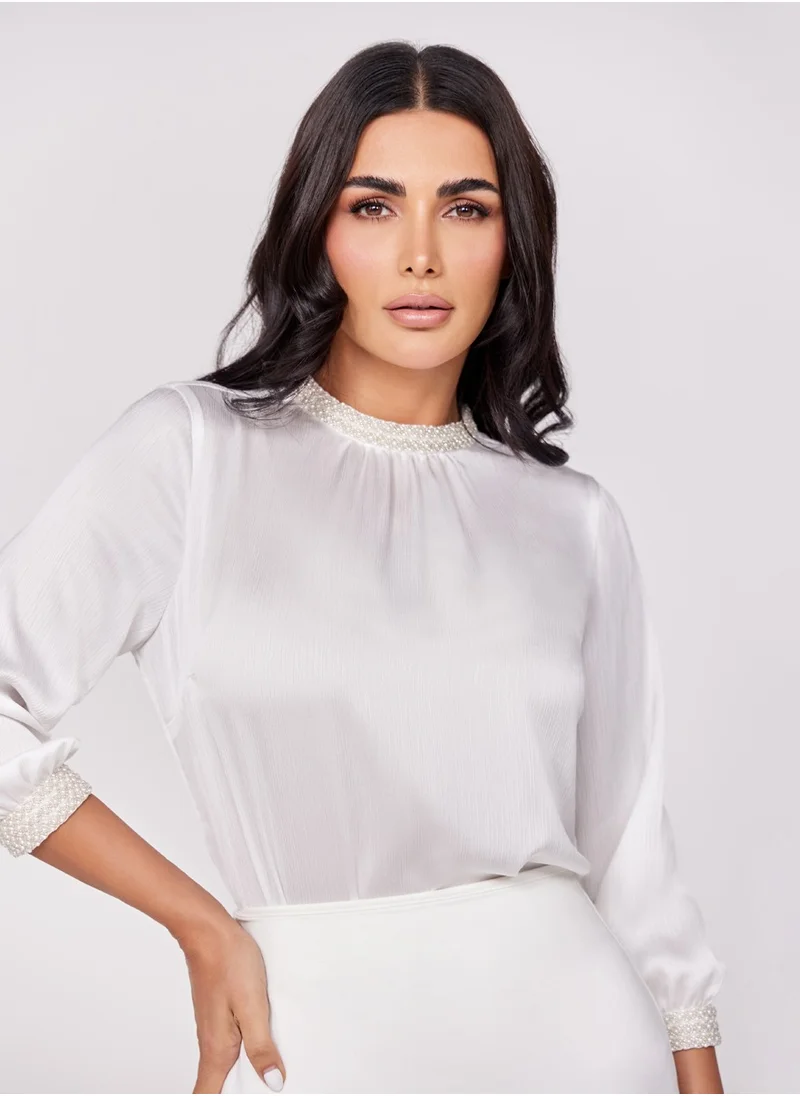 Zigzag Trim Attached Three Quarter Sleeve White Top