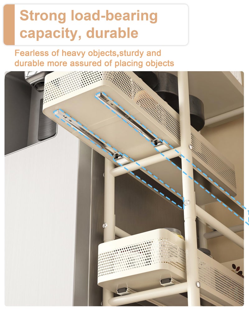 UMDONX Slim Storage Cart 4 Tier with Pull Out Basket Bathroom Organizer Rolling cart, Rolling Utility Cart Slide Out Organizer for Kitchen, Bathroom, Laundry White - Image 4