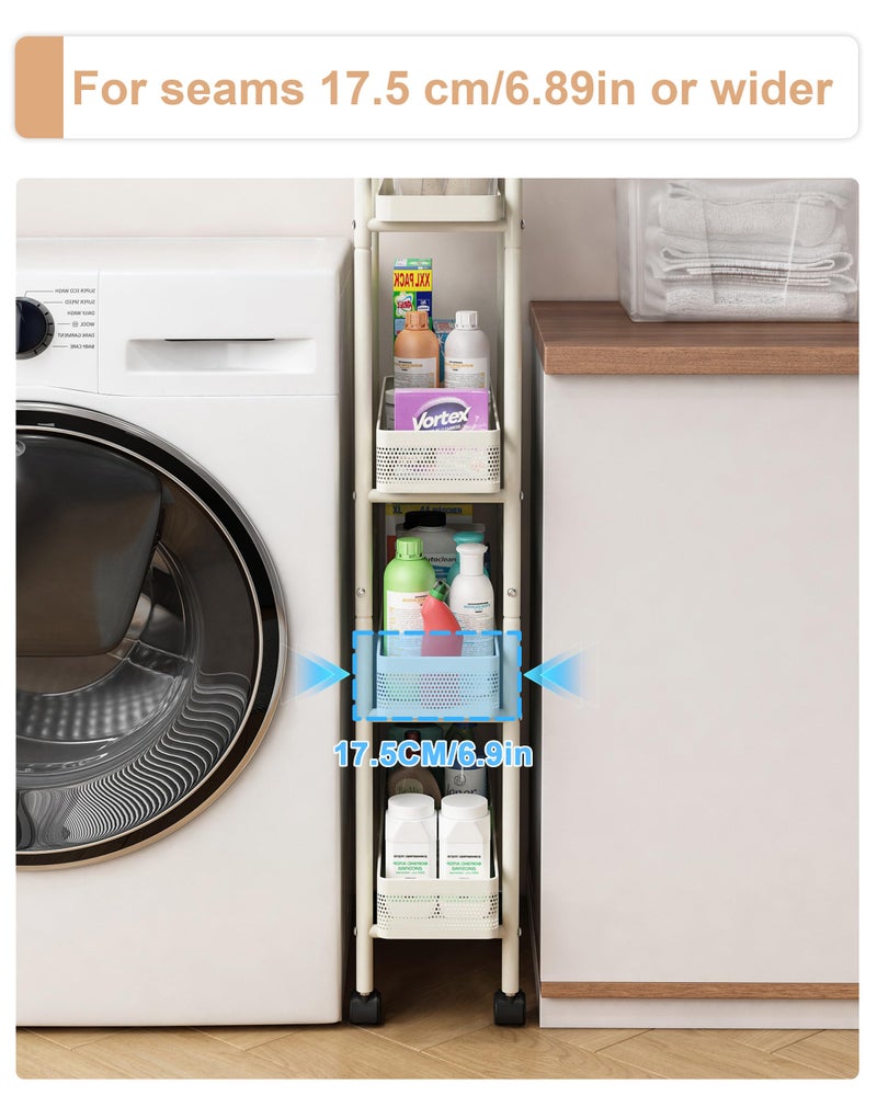 UMDONX Slim Storage Cart 4 Tier with Pull Out Basket Bathroom Organizer Rolling cart, Rolling Utility Cart Slide Out Organizer for Kitchen, Bathroom, Laundry White - Image 5