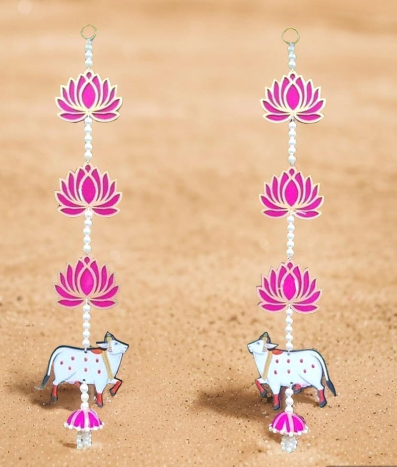 BENAVJI BENAVJI Handmade Lotus with Cow Jhumka Style Hanging for Ganpati Decor and Diwali Decoration MDF Floral Wall Hangings for Home Decoration Temple Main Door Entrance 2 Pair 25 Inch Each - Image 5