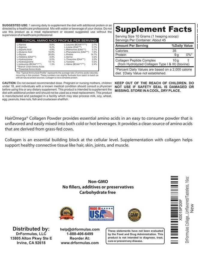 DrFormulas بروتين مسحوق كولاجين دكتور فورمولا هير أوميغا لنمو الشعر، ببتيدات من هيدروكسي كولاجين البقر - بدون نكهة/عديم الطعم، 16 أونصة - Image 2
