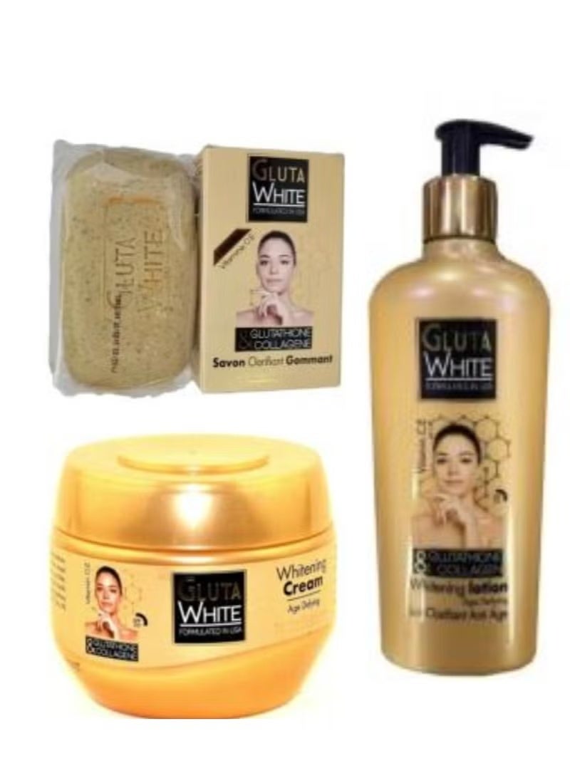 Gluta White Set Of three Pcs Glutathione & Collagen Lotion 250 ml + Whitening Cream Age Defying 125 mL + Clarifying & Exfoliating Soap 190 g