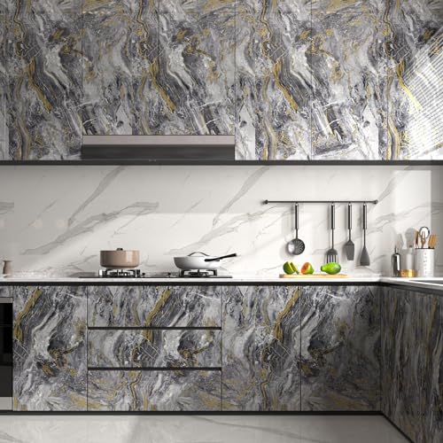 Decotalk Countertop Peel and Stick Glossy Marble Contact Paper for Countertops Waterproof 177x400 Inch Grey Marble Countertop Contact Paper Gold Countertops Vinyl Wrap Grey Counter Cover Wrap - Image 3