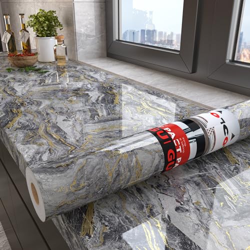 Decotalk Countertop Peel and Stick Glossy Marble Contact Paper for Countertops Waterproof 177x400 Inch Grey Marble Countertop Contact Paper Gold Countertops Vinyl Wrap Grey Counter Cover Wrap - Image 1