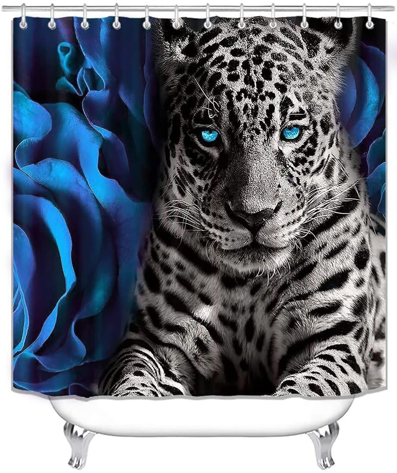jieprom 4PCS Blue Rose and Leopard Shower Curtain Bathroom Set with Rugs, Toilet Lid Cover and Bath Mat, Blue Shower Curtain with 12 Hooks, Durable Bathroom Decor Set - Image 3