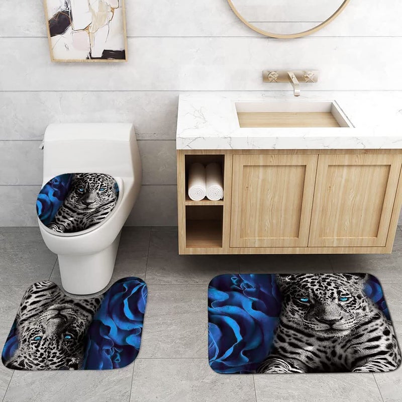 jieprom 4PCS Blue Rose and Leopard Shower Curtain Bathroom Set with Rugs, Toilet Lid Cover and Bath Mat, Blue Shower Curtain with 12 Hooks, Durable Bathroom Decor Set - Image 2