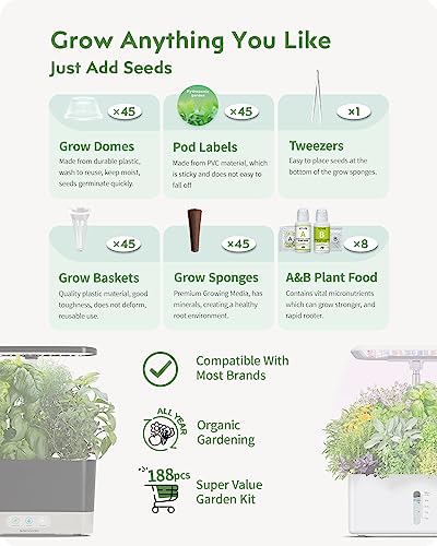 URUQ 188Pcs Hydroponic Pods Supplies: Grow Anything Kit with 45 Grow Sponges, 45 Grow Baskets, 45 Grow Domes, 45 Pod Labels, 8 A&B Plant Food - Compatible Hydroponics Growing System Most Brands - Image 3