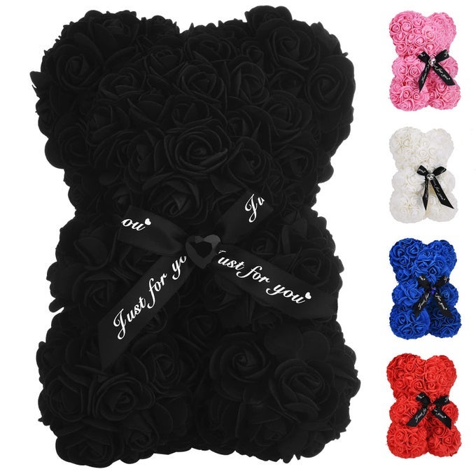 Artificial Rose Flower BearPerfect Romantic Gift for Her Valentines Mothers Day Christmas BirthdayThanksgiving Party Anniversary Girl Friend Wife with HeartShaped Diamond Black