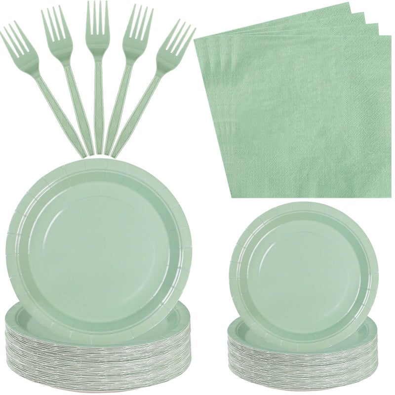 100 Count Sage Paper Plates and Napkins  Green Party Tableware Set  Disposable Plates Napkins and Forks for Wedding Birthday Bridal Shower Baby Shower  Serve 25