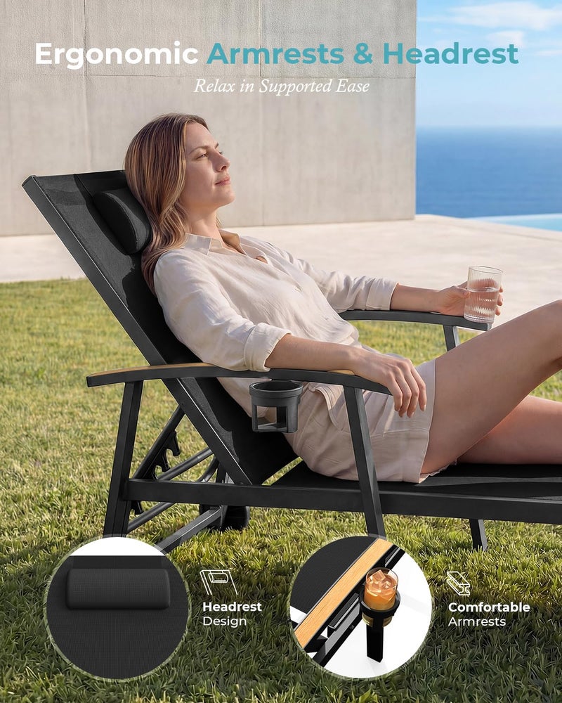 Ciokea Outdoor Lounge Chair with Pillow, 5-Position Aluminum Chaise Lounge with Wheels & Armrests, 400 lbs Heavy Duty Patio Pool Chair for Deck, Backyard, Beach & Poolside, Black - Image 2