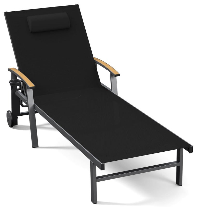 Ciokea Outdoor Lounge Chair with Pillow, 5-Position Aluminum Chaise Lounge with Wheels & Armrests, 400 lbs Heavy Duty Patio Pool Chair for Deck, Backyard, Beach & Poolside, Black - Image 1