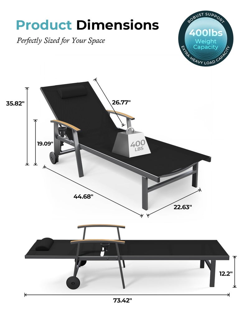 Ciokea Outdoor Lounge Chair with Pillow, 5-Position Aluminum Chaise Lounge with Wheels & Armrests, 400 lbs Heavy Duty Patio Pool Chair for Deck, Backyard, Beach & Poolside, Black - Image 3