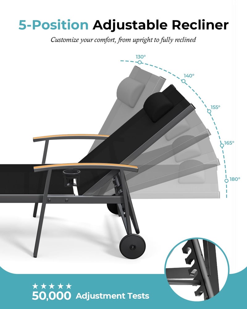 Ciokea Outdoor Lounge Chair with Pillow, 5-Position Aluminum Chaise Lounge with Wheels & Armrests, 400 lbs Heavy Duty Patio Pool Chair for Deck, Backyard, Beach & Poolside, Black - Image 5