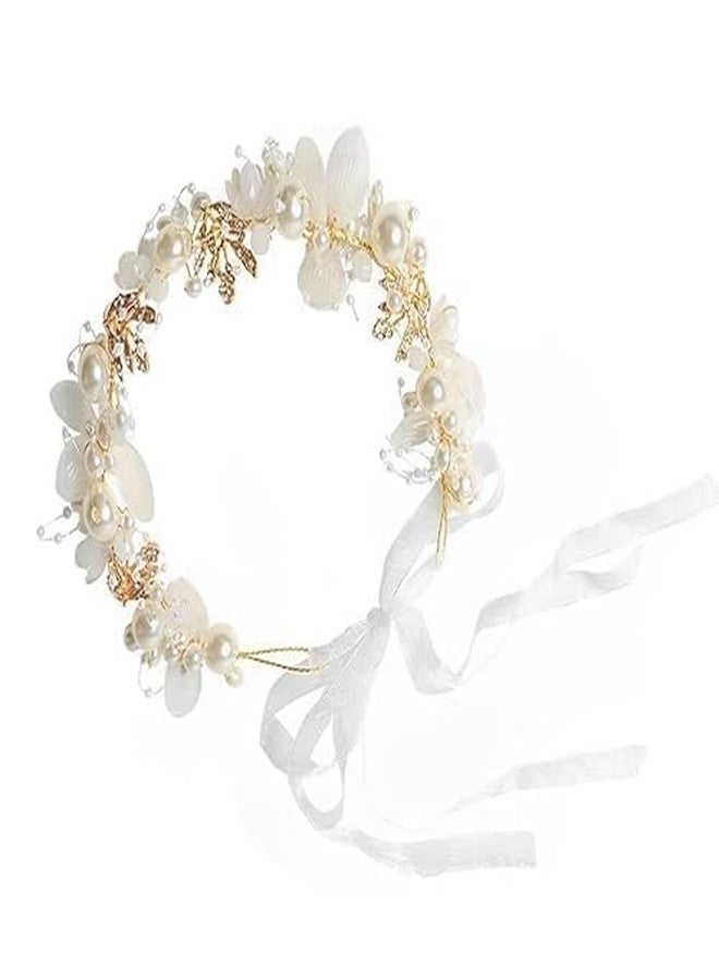 MATSON Adjustable Pearl Floral Tiara,Pearl Flower Crown Headpiece,Bridal Flower Crown With Ribbon,Princess Tiara for Party Dress Up,Prom Photography for Girls and Women - Image 1