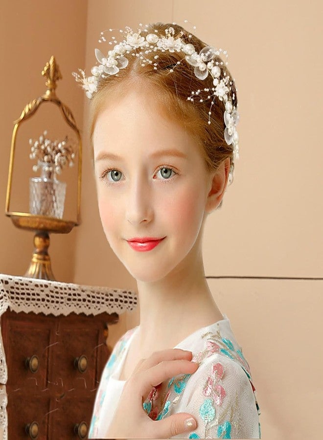 MATSON Adjustable Pearl Floral Tiara,Pearl Flower Crown Headpiece,Bridal Flower Crown With Ribbon,Princess Tiara for Party Dress Up,Prom Photography for Girls and Women - Image 3