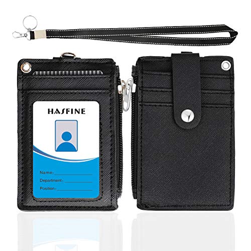 HASFINE ID Badge Holder with Lanyard,2 Sided 5 Card Slots ID Card Holder Wallet with PU Leather Zipper Pocket and Detachable Keychain Lanyard for Teens Men Women(Black) - Image 1
