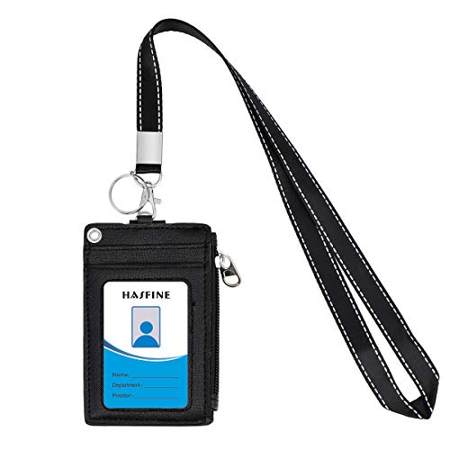 HASFINE ID Badge Holder with Lanyard,2 Sided 5 Card Slots ID Card Holder Wallet with PU Leather Zipper Pocket and Detachable Keychain Lanyard for Teens Men Women(Black) - Image 2
