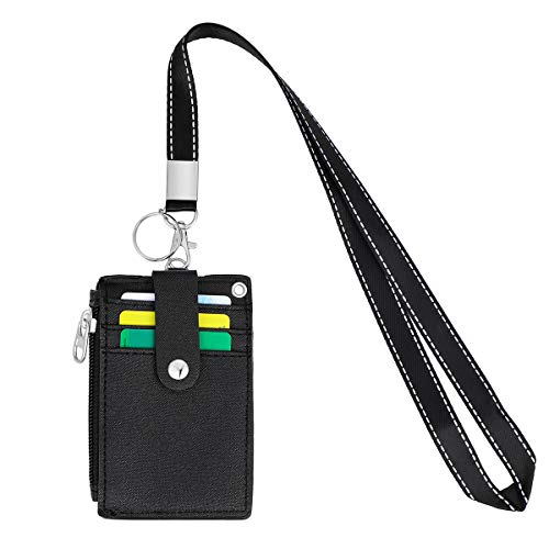 HASFINE ID Badge Holder with Lanyard,2 Sided 5 Card Slots ID Card Holder Wallet with PU Leather Zipper Pocket and Detachable Keychain Lanyard for Teens Men Women(Black) - Image 3