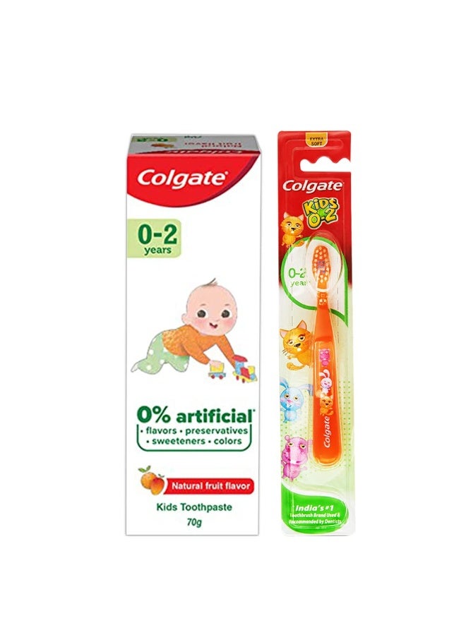 Colgate Toothpaste for Kids (0-2 yrs), Natural Fruit Flavour, 0% Artificial - 70g with Colgate Kid's Extra Soft Toothbrush (0-2 Years) - 1 Pc - Image 1