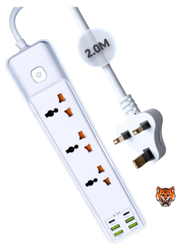 TIGER "2M Extension Cord with 3 Sockets, 4 USB Ports & 2 Type-C Ports – UK 3 Pin Plug Power Lead for Home, Kitchen & Office (White)"  - Image 1