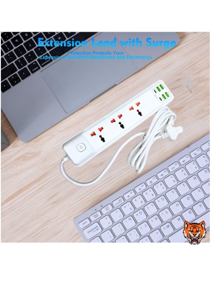 TIGER "2M Extension Cord with 3 Sockets, 4 USB Ports & 2 Type-C Ports – UK 3 Pin Plug Power Lead for Home, Kitchen & Office (White)"  - Image 2