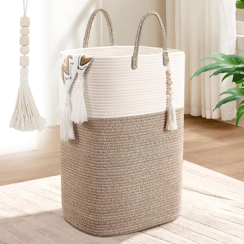Levesica 65L Woven Laundry Basket for Clothes Large Rectangle Laundry Hampers Beads Tassel - Image 1