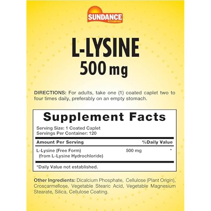 Sundance L-Lysine 500mg | 120 Caplets | Free Form Amino Acid | Vegetarian, Non-GMO, and Gluten Free Supplement - Image 2