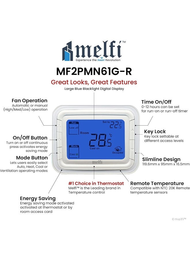 melfi Melfi™ Home Digital Air Condition Manual FCU AC Thermostats with R Sense, 2 Pipe Heat/Cool Manual or Auto 3-Speed Fan Control | Suitable For Chiller/Compressor HVAC System 230V AC (Blue Backlight)  - Image 2