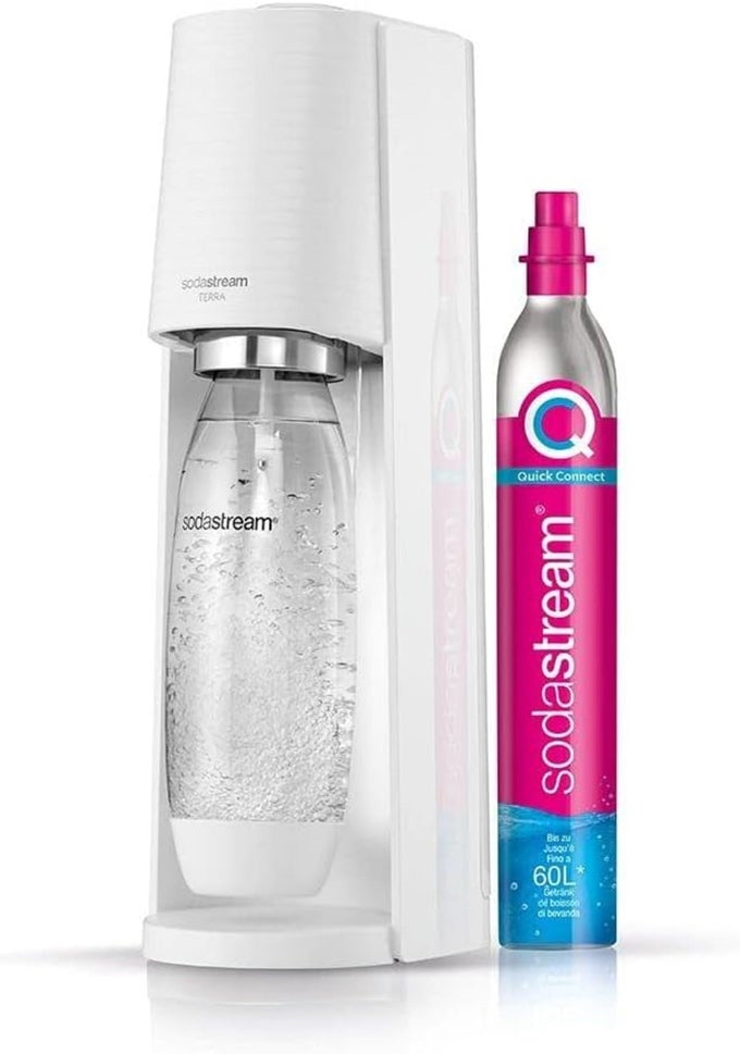TERRA SPARKLING WATER MAKER EASY TO USE CARBONATED WATER MACHINE 1L BPAFREE BOTTLE 1 X QUICK CONNECT CO2 CYLINDER MAKES 60L REPLACE SINGLEUSE PLASTIC MIX WITH PEPSI SYRUPS WHITE