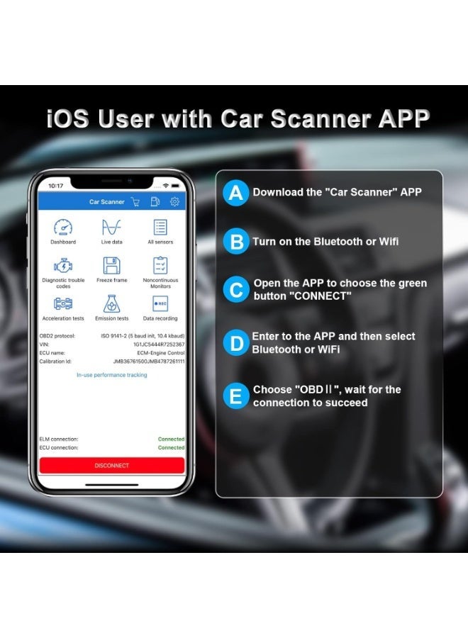 YOUWE7 OBD2 Scanner Bluetooth Auto Diagnostic Scan Tool Car Fault Check Engine Light Wireless Car Code Compatible with iOS & Android Compatible for All OBDII Protocol Vehicle Bluetooth 4.2 - Image 3