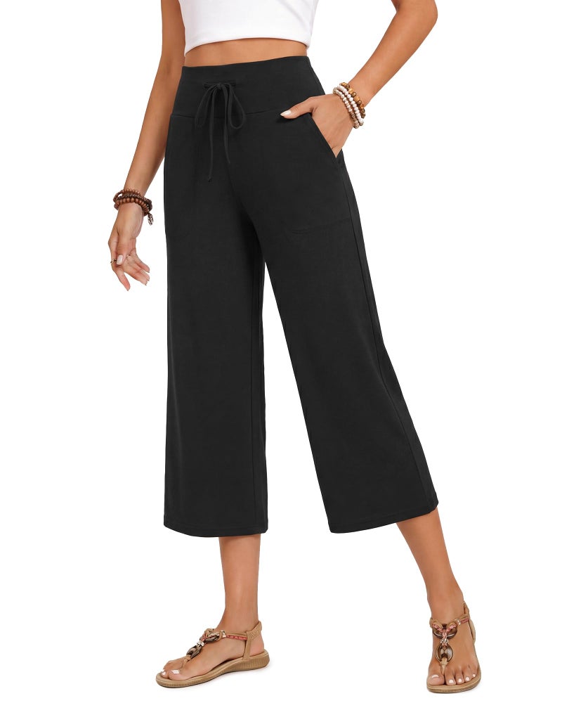ZOOSIXX Capri Pants for Women - Palazzo Pants Casual Wide Leg Trousers with Pockets Summer High Waisted Drawstring Pants Black - Image 1