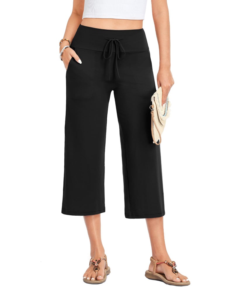 ZOOSIXX Capri Pants for Women - Palazzo Pants Casual Wide Leg Trousers with Pockets Summer High Waisted Drawstring Pants Black - Image 2