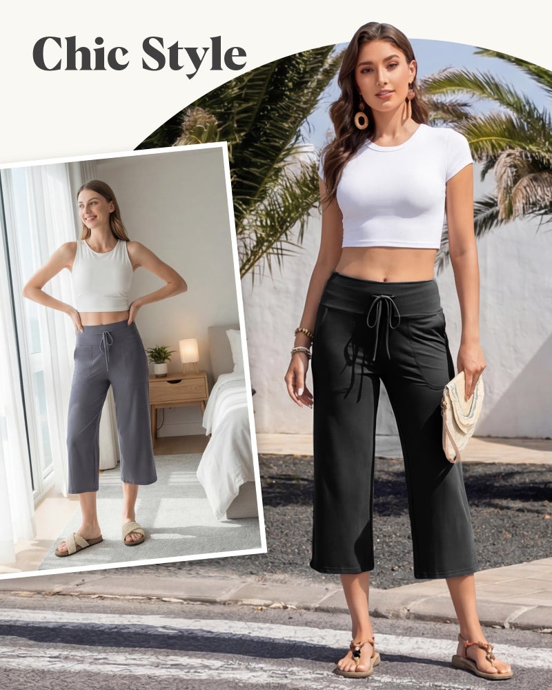 ZOOSIXX Capri Pants for Women - Palazzo Pants Casual Wide Leg Trousers with Pockets Summer High Waisted Drawstring Pants Black - Image 5