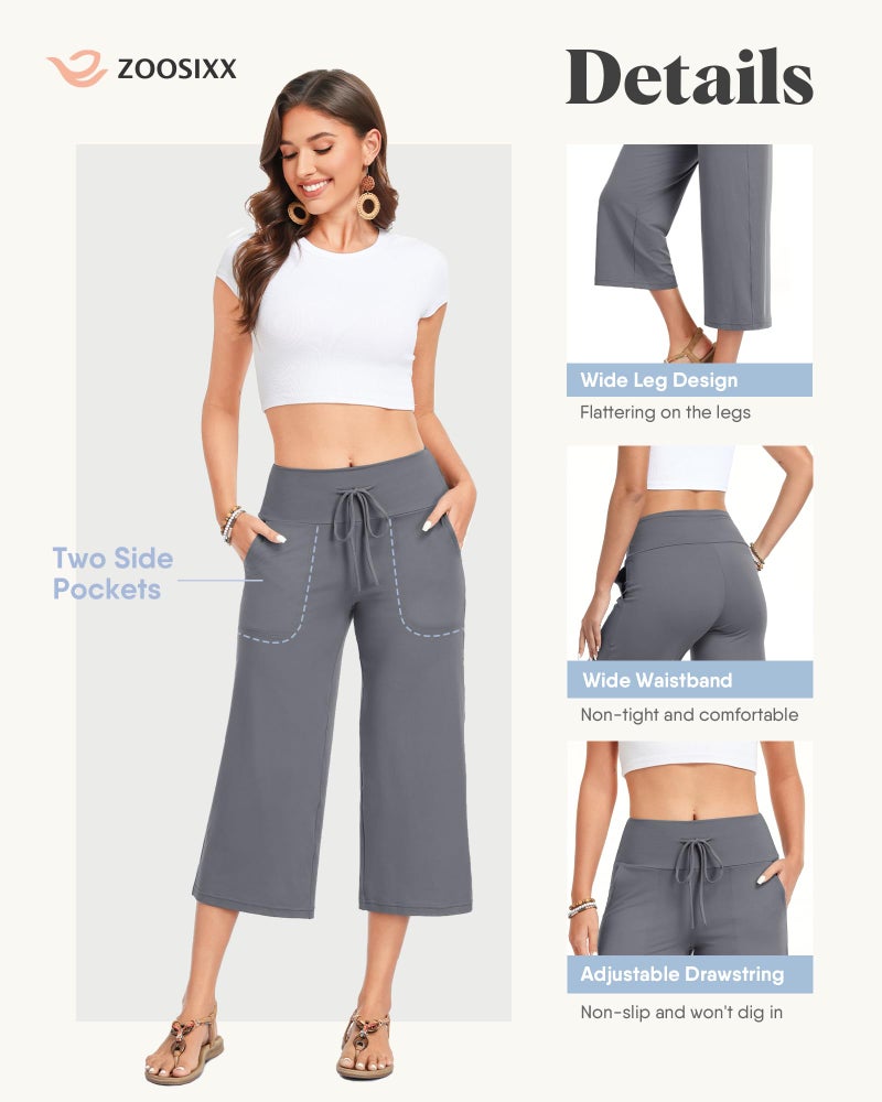 ZOOSIXX Capri Pants for Women - Palazzo Pants Casual Wide Leg Trousers with Pockets Summer High Waisted Drawstring Pants Black - Image 4