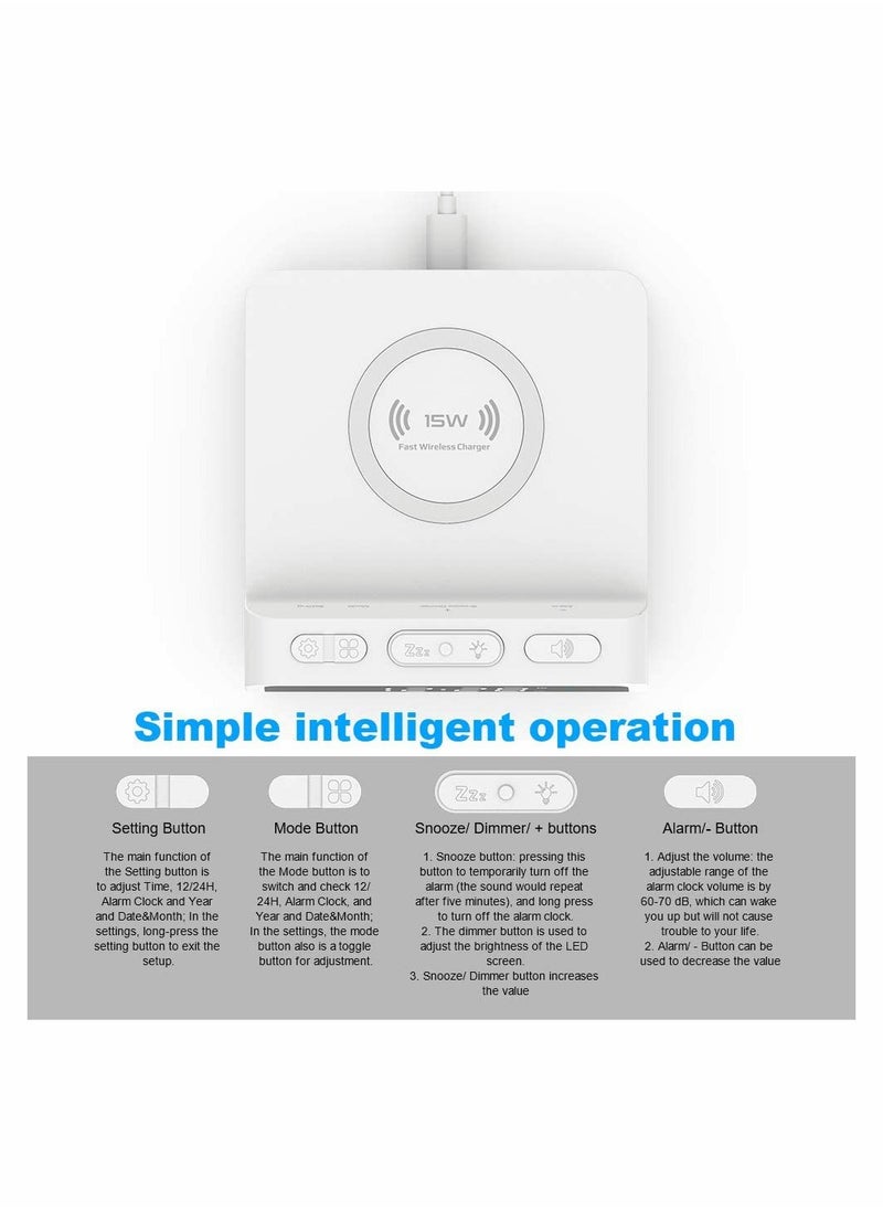 SYOSI - Digital Alarm Clock with 15W Fast Wireless Charging Pad Snooze Alarm Clock with 4 Brightness 12/24H for iPhone Galaxy Samsung LG Android Wireless Charger Additional USB Port - Image 1