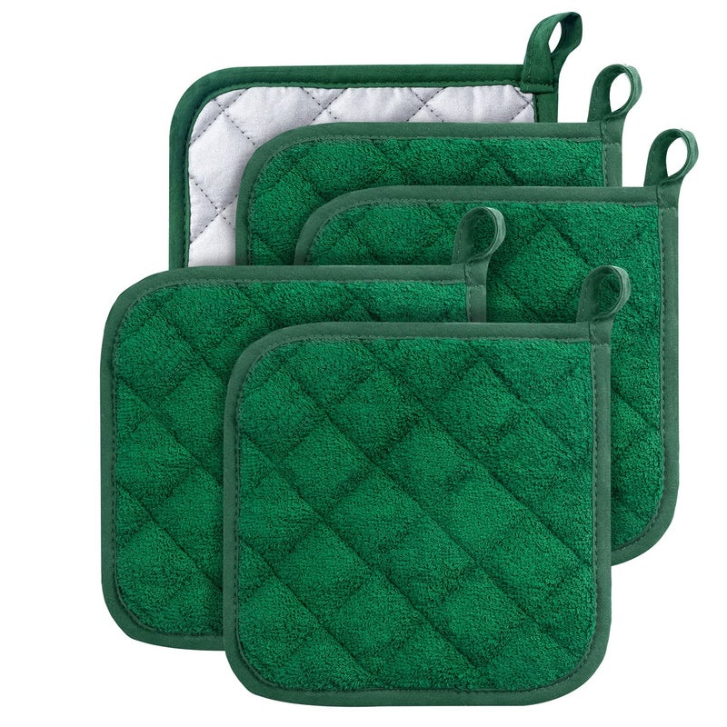 lifaith 100 Cotton Kitchen Everyday Basic Terry Pot Holder Heat Resistant Coaster Potholder for Cooking and Baking Set of 5 Dark Green 