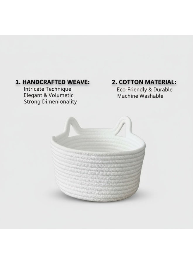 2 حزمة سلال تخزين حبل القطن المنسوجة يدويا - سلال منظم المنزل على الطراز الشمالي - سلالات تخزين مختلفة على سطح المكتب - منظمي مستحضرات التجميل في الحمام - 18x10cm مع تصميم أذن القط - Image 3