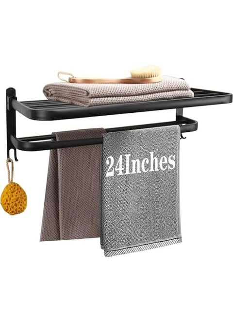 24In Towel Rack for Bathroom, Bath Towel Holder with Double Towel Bar and Fold-able Towel Shelf, Rustproof Towel Organizer Wall Mounted Towel Storage Hanger for Bath/Balcony/Lavatory